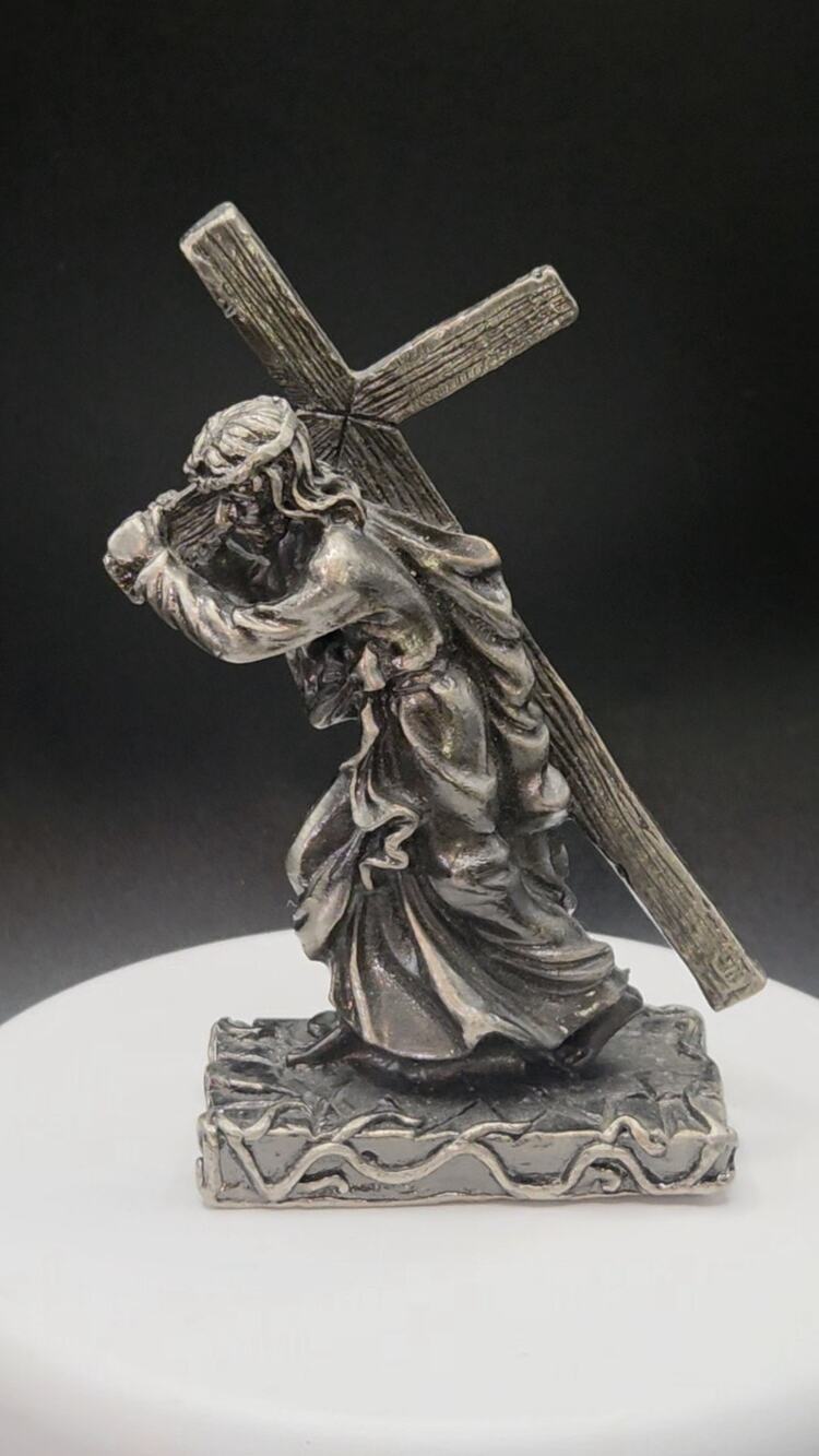 Vintage Heavy Metal Religious Jesus Carrying The Cross Figurine 4" Beautiful